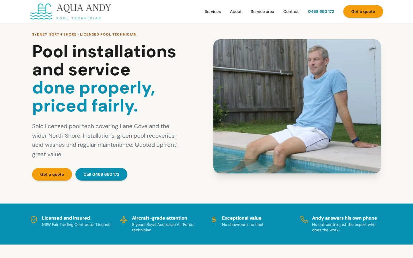 Andy's new website homepage built by Made 4 Tradies, with a clear headline, photo and call buttons