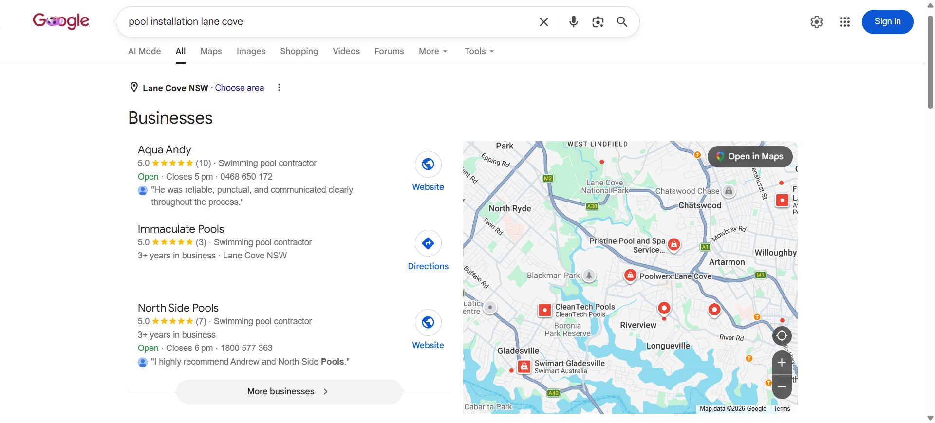 Google results for 'pool installation lane cove' showing Aqua Andy as the top result, ahead of competitors with far more reviews