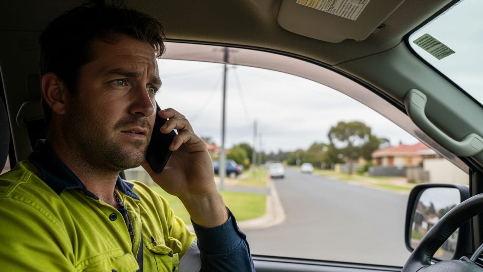A New Zealand tradie sitting in his work ute making a phone call with a concerned expression, taking a customer issue offline to resolve it the right way.