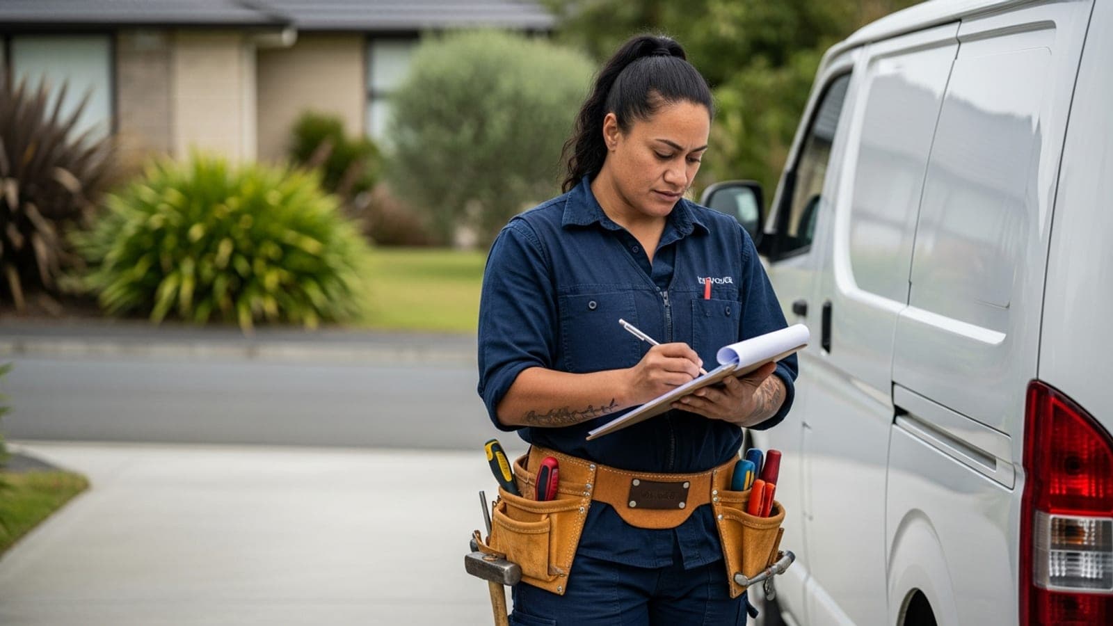 A New Zealand female plumber beside her plain white van in a suburban driveway, writing a call-out fee on a paper invoice pad resting on a clipboard.