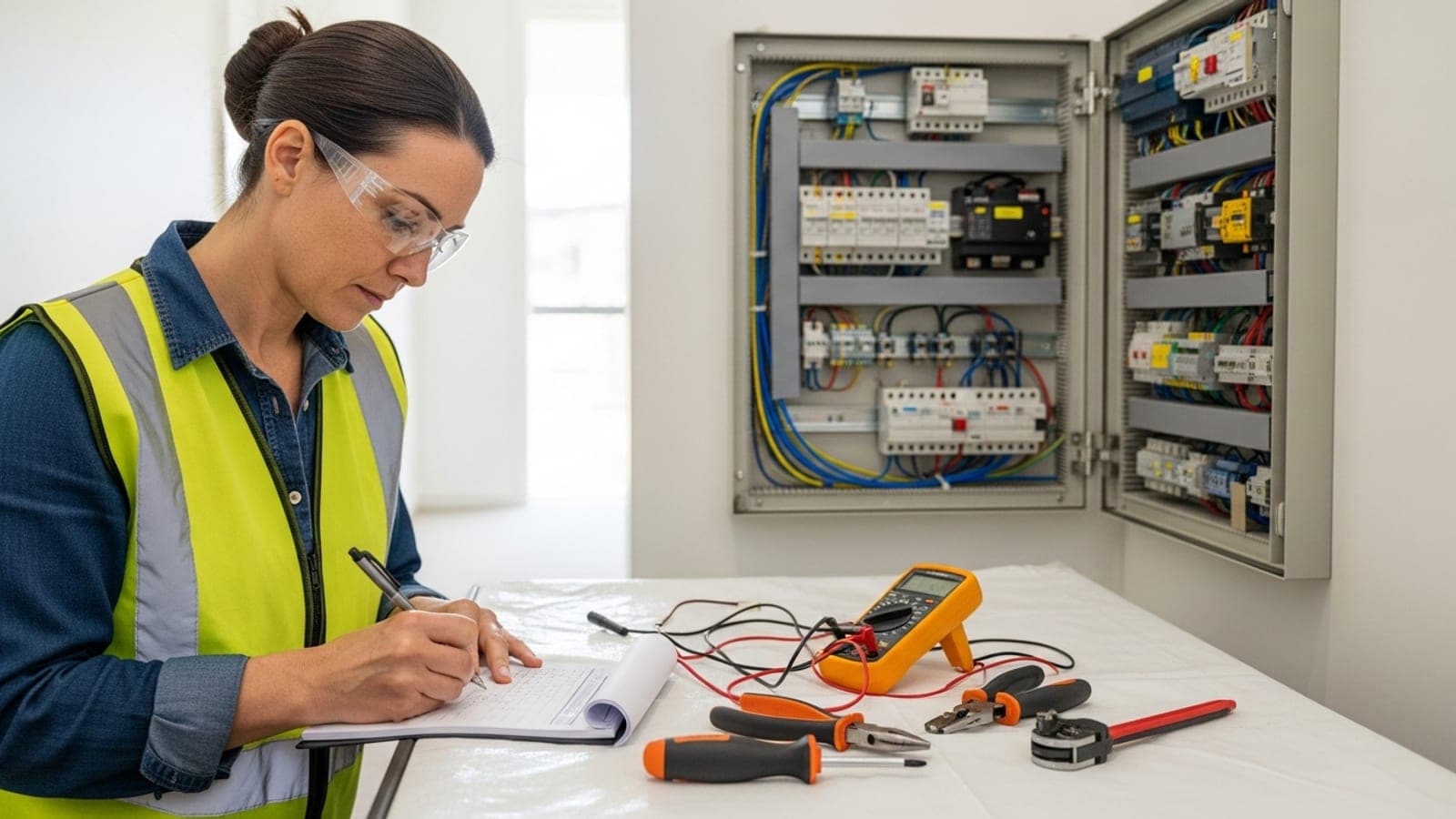 A New Zealand electrician in PPE writing a job total on an invoice pad beside an open switchboard in a suburban hallway, her multimeter and hand tools laid out on a drop sheet.
