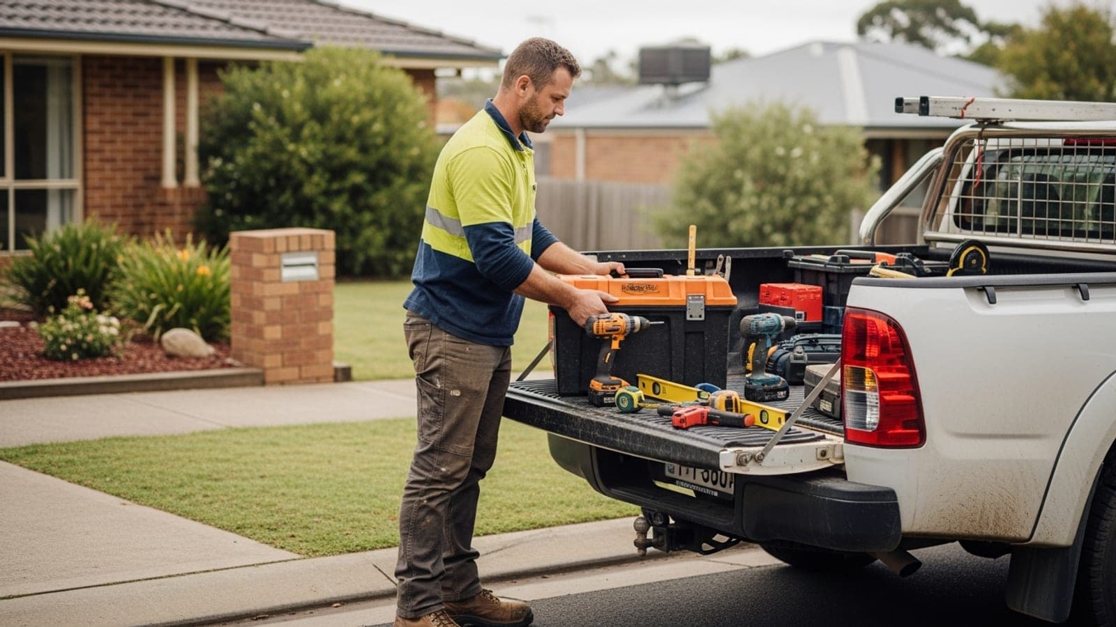 A New Zealand tradesman loading his tools and toolbox into the ute tray outside a house, ready to head to a job.