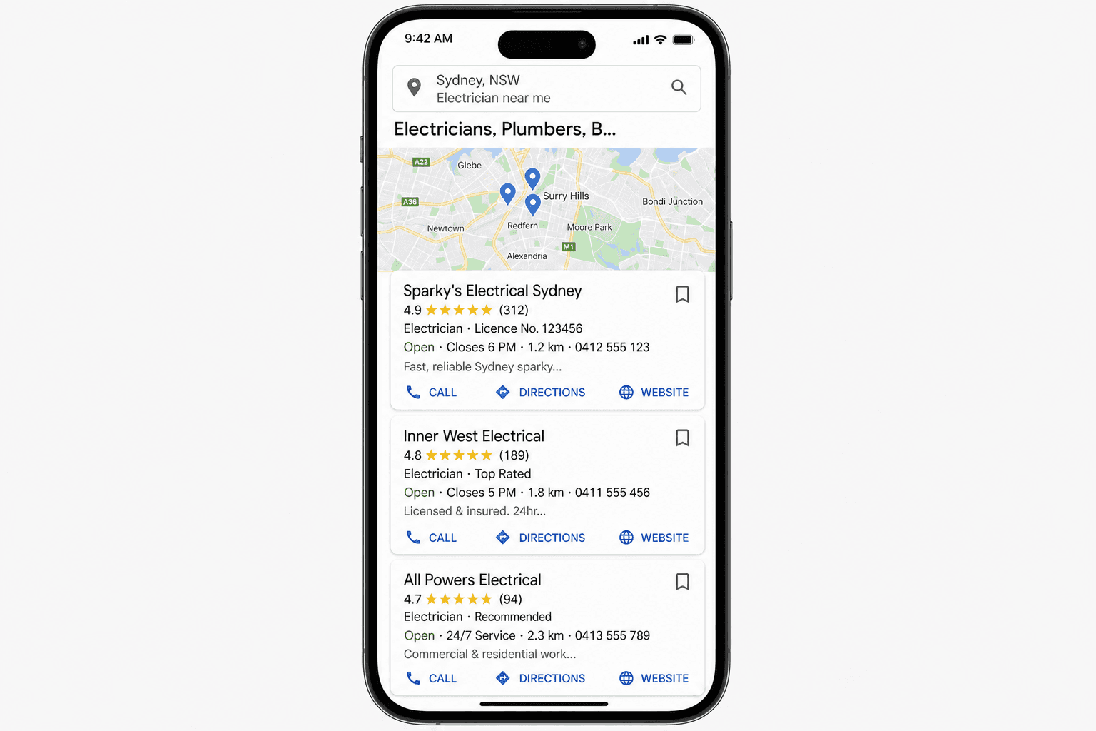 Google Maps local 3-pack showing electricians in New Zealand, the top three positions every tradie is competing for.
