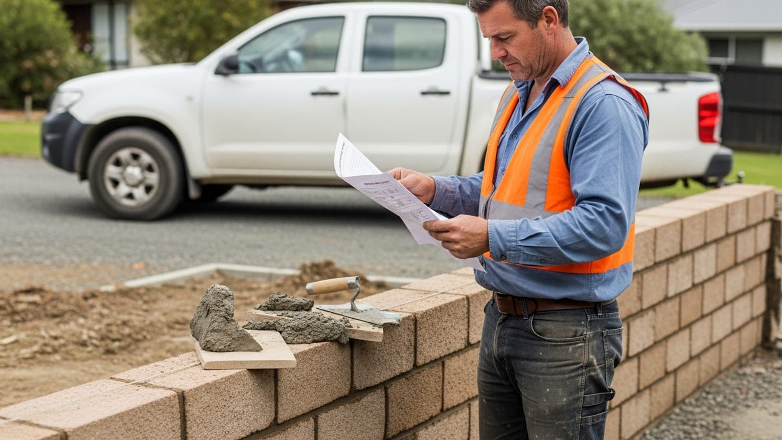 A New Zealand bricklayer standing beside a half-finished block retaining wall on a suburban job site, reading a printed job quote in his hands, trowel and mortar board resting nearby and a plain unmarked white ute in the driveway behind him.