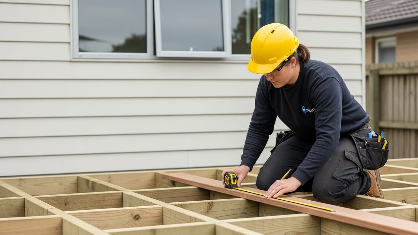 A New Zealand carpenter kneeling on a half-built timber deck frame in a suburban backyard, marking a decking board with a tape measure and pencil.