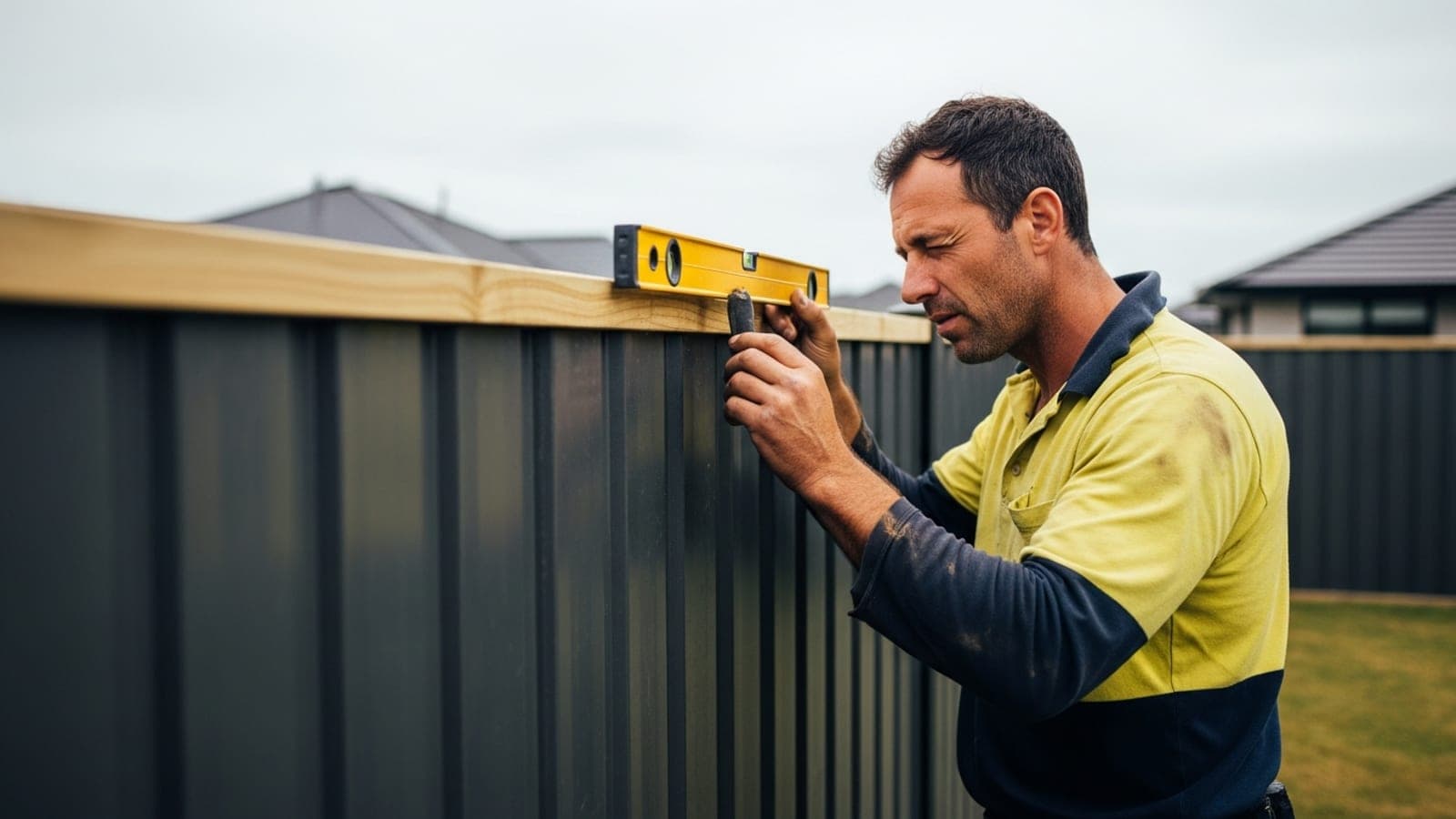 A New Zealand tradie fencer checking the alignment of a freshly installed Colorsteel fence panel with a level in a suburban backyard.