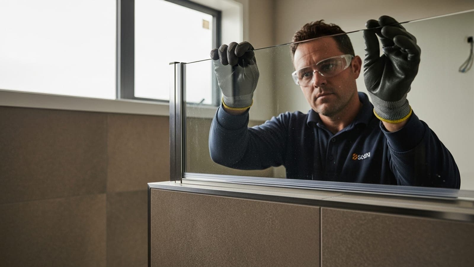 A New Zealand glazier in a navy work polo, safety glasses and grip gloves lowering a frameless glass shower screen panel into an aluminium channel in a tiled bathroom.