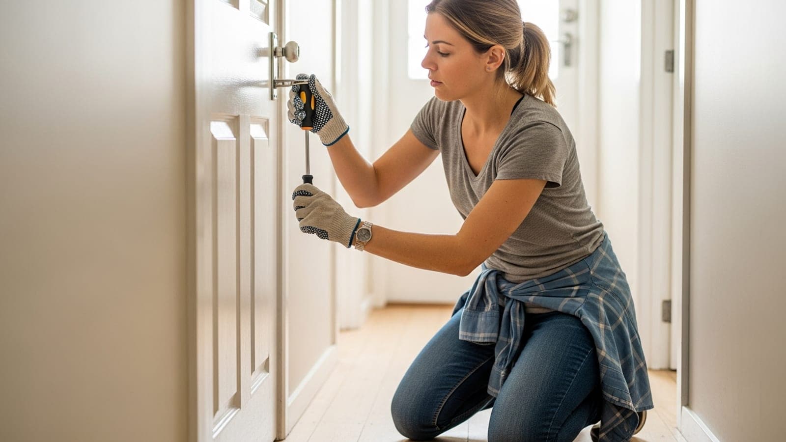 A New Zealand handywoman kneeling in a bright suburban Auckland hallway, fixing a squeaky door hinge with a screwdriver.
