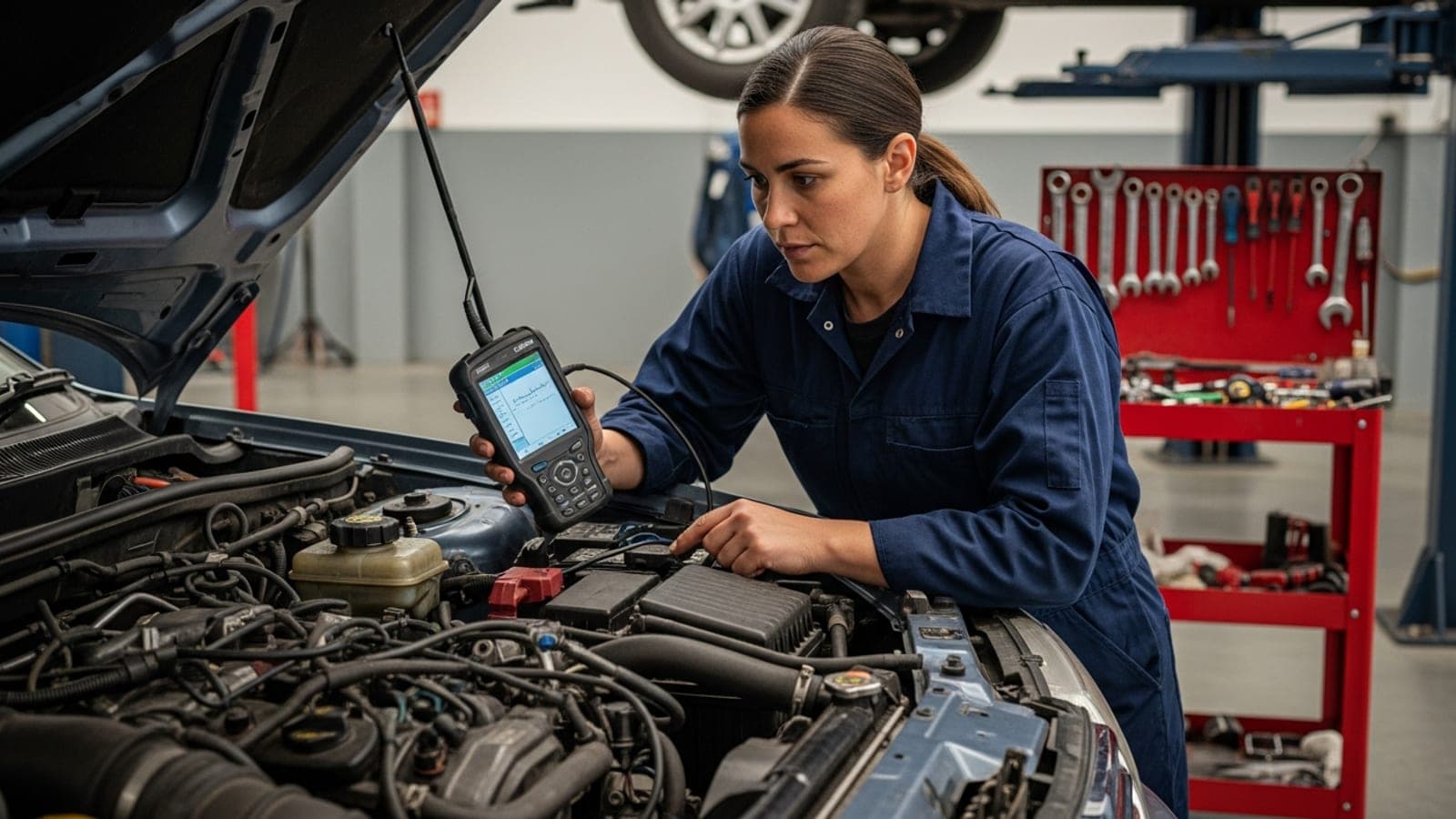 A New Zealand mechanic in navy overalls checking a diagnostic reading under the raised bonnet of a car in a workshop bay, tool trolley and hoist behind her.
