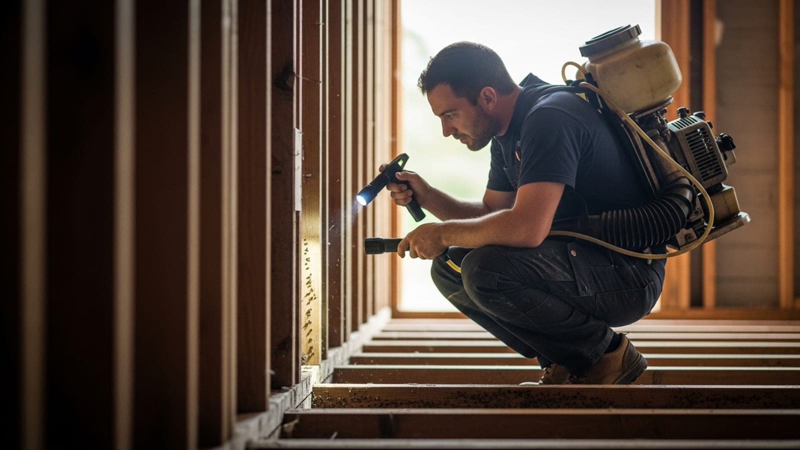 A New Zealand pest control technician crouched beside a timber sub-floor bearer, inspecting it for borer damage with a torch, his backpack sprayer resting nearby.
