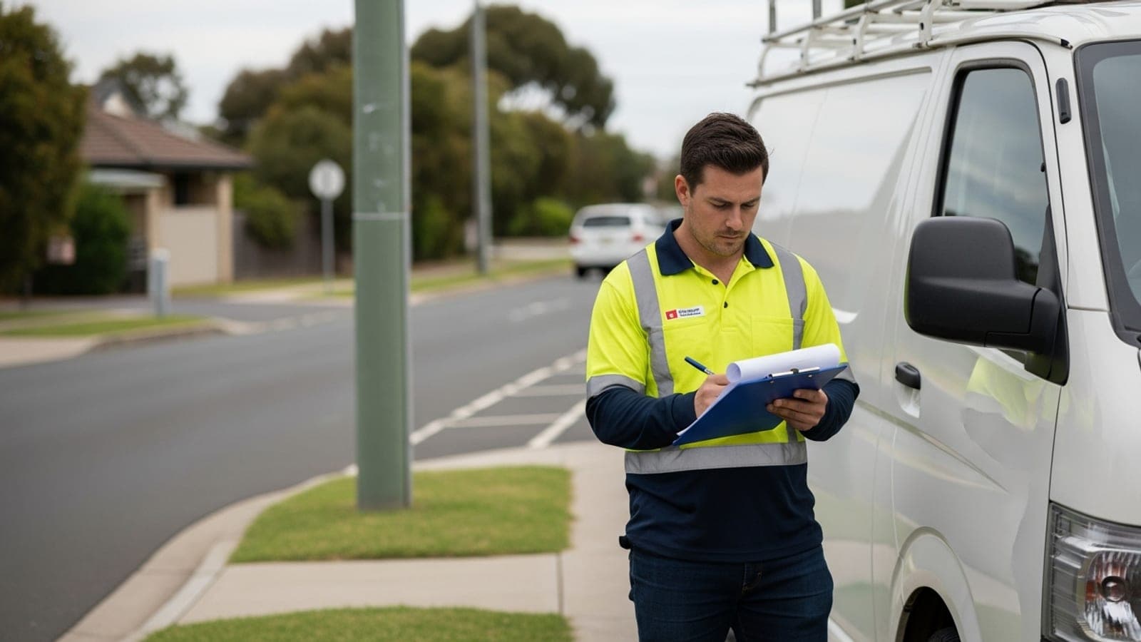 A New Zealand tradesperson reviewing quotes on his clipboard near his white work van, considering the costs and value of business investments.
