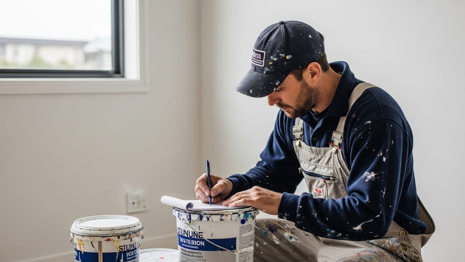 A New Zealand painter in paint-flecked overalls writing a quote on a pad resting on a stack of paint tins in a partly painted room.