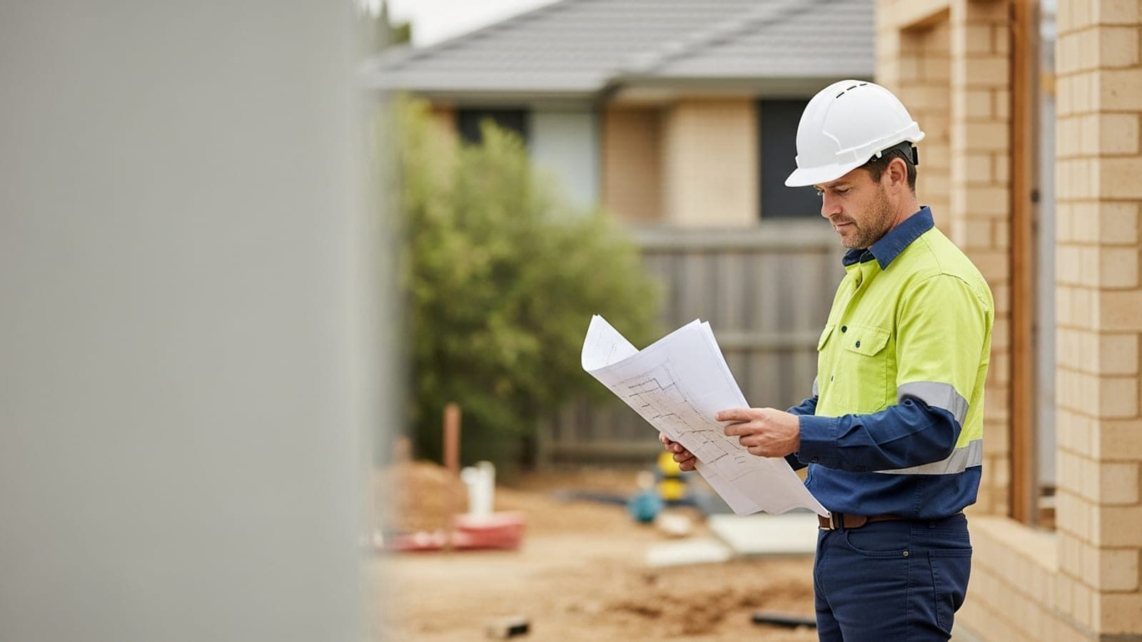 A New Zealand builder reviewing plans on a suburban home extension and renovation site.