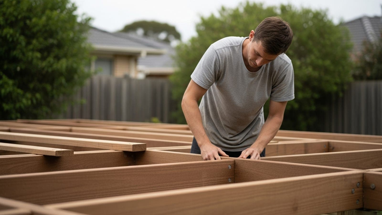 A New Zealand carpenter building a timber deck frame on a suburban backyard job.