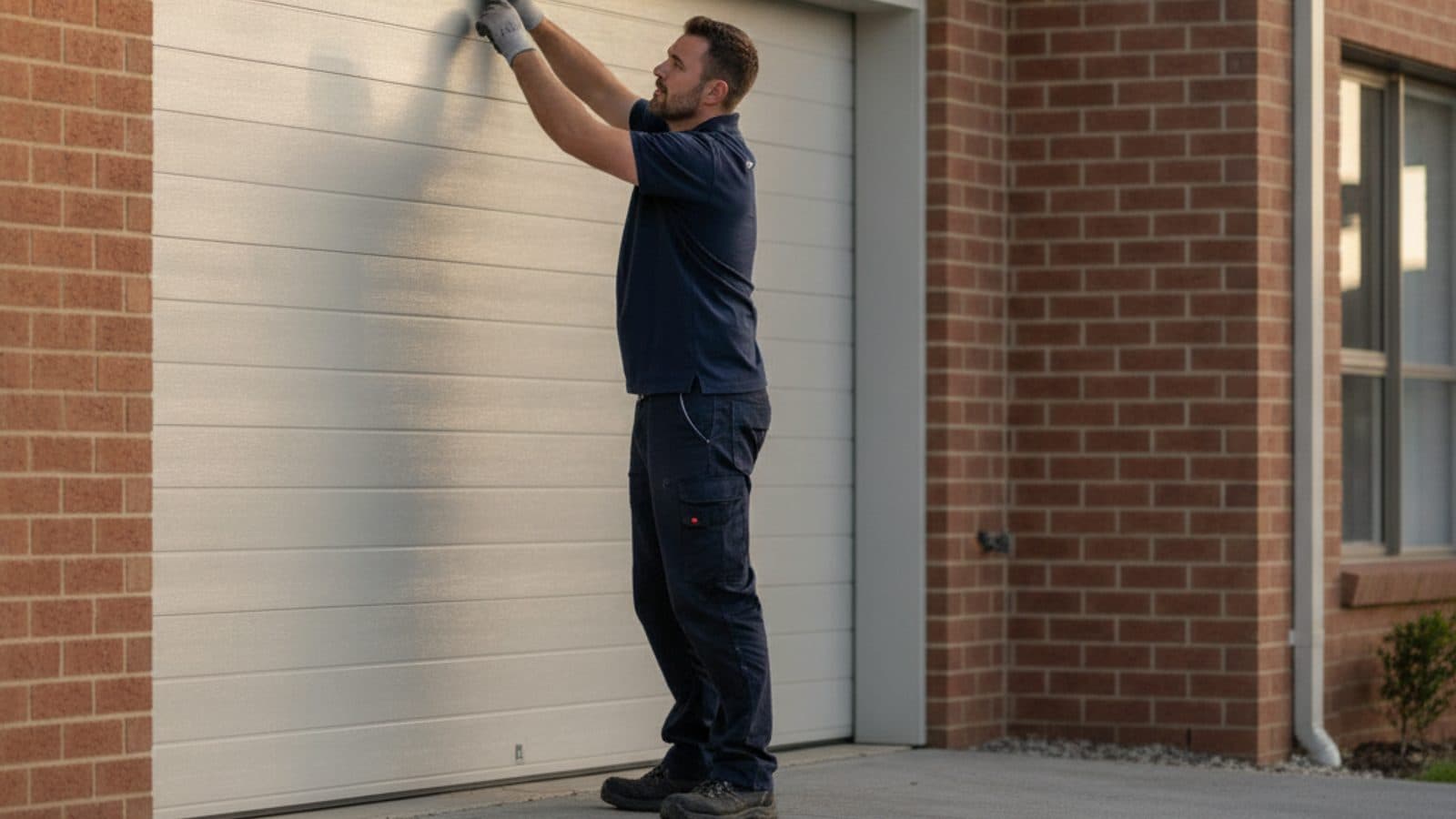 A New Zealand garage door specialist fitting a new sectional garage door on a suburban home.