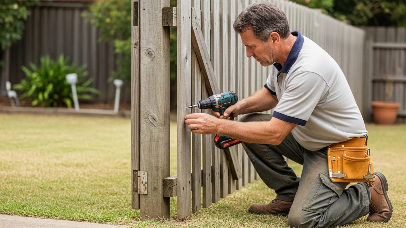A New Zealand handyman fixing a timber gate with a cordless drill in a suburban backyard.