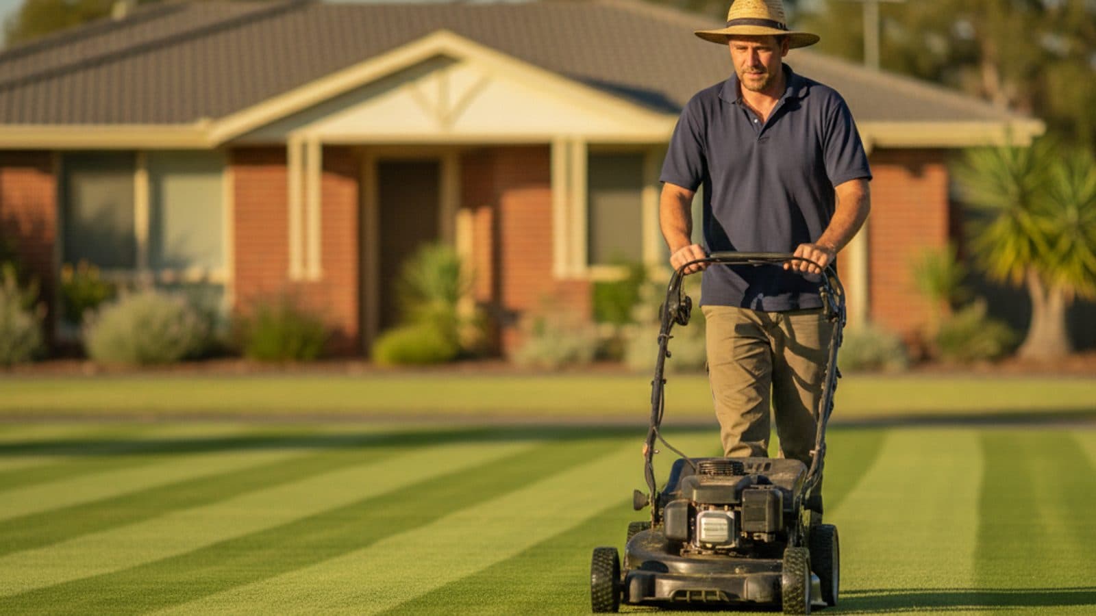 A New Zealand lawn care professional mowing a striped suburban front lawn on a sunny day.