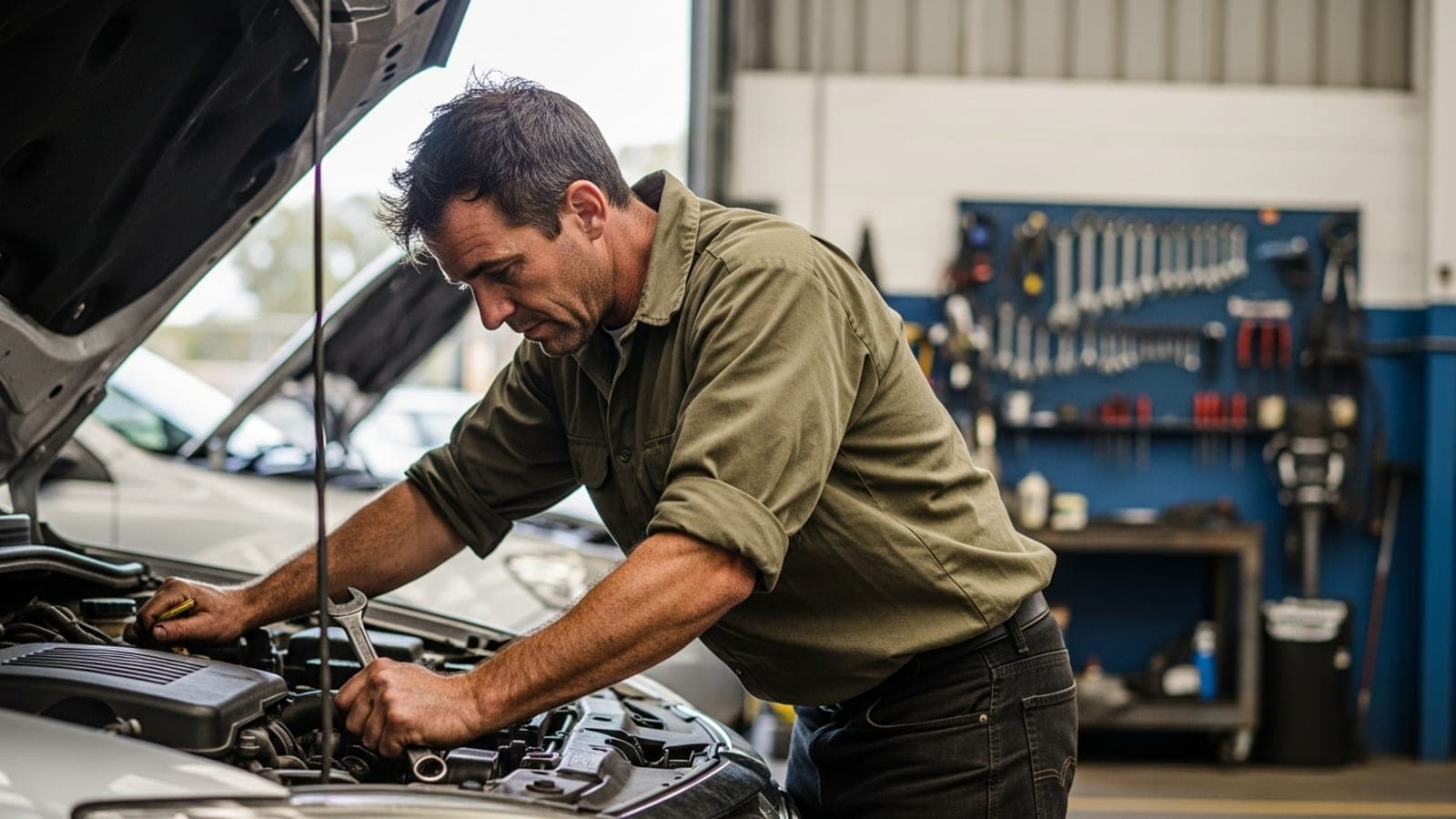 A New Zealand mechanic working under the bonnet of a car in a local workshop bay.