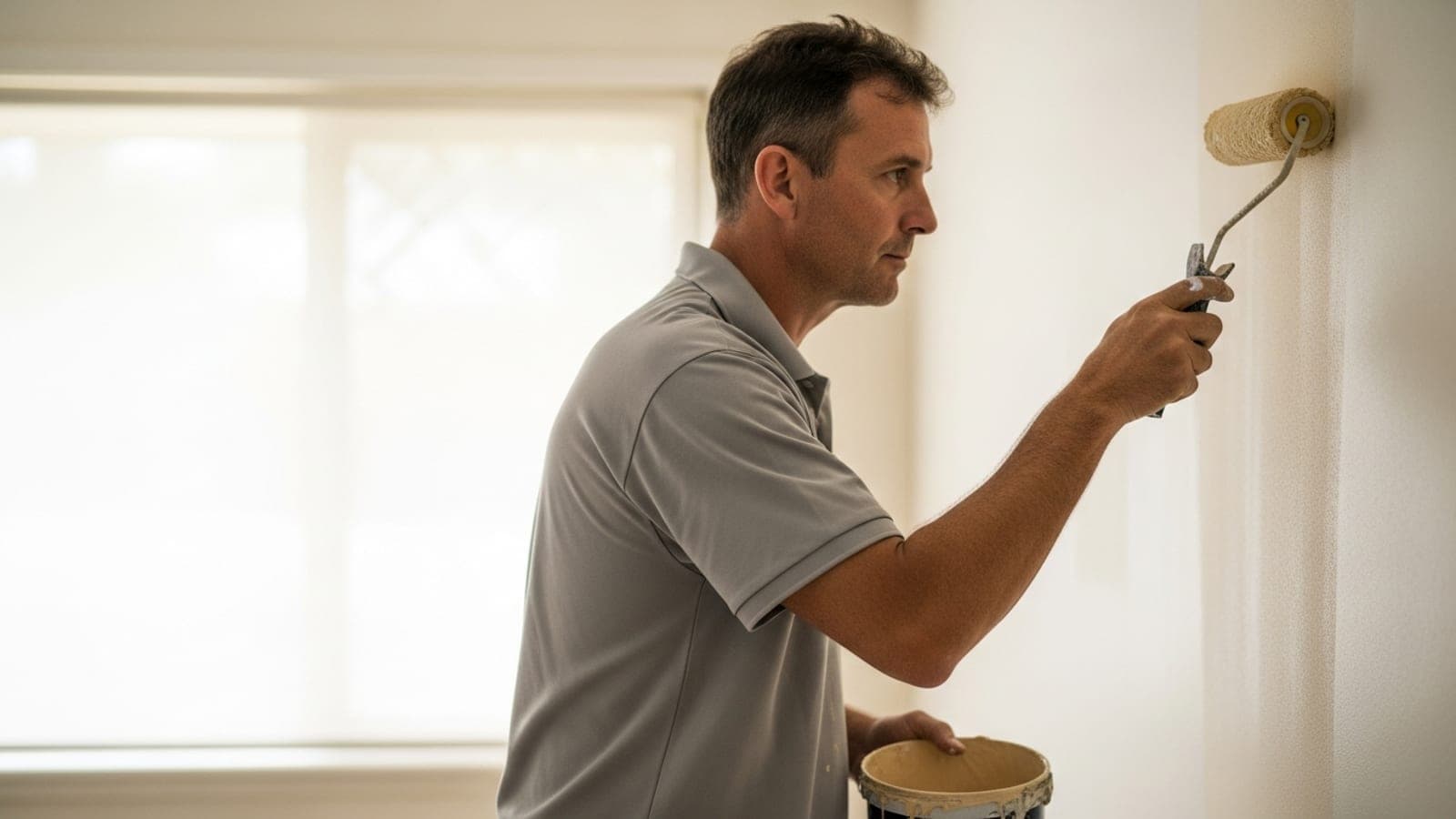 A New Zealand painter cutting in a clean line along a ceiling with a brush in a freshly painted room.