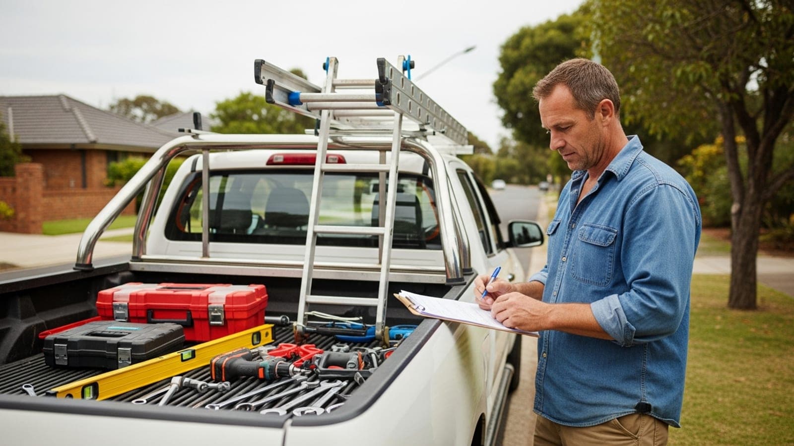 A New Zealand tradie checking a job sheet at the open tray of a tool-loaded white ute on a suburban street, a typical service area business that travels to customers instead of working from a shopfront.