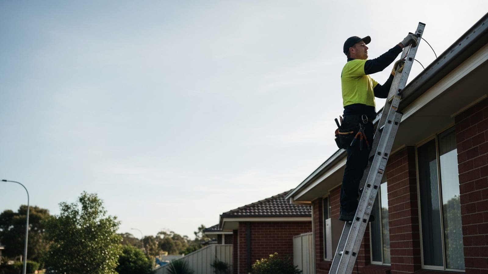 A New Zealand tradie up an extension ladder working on the eaves of a suburban brick house in daylight.