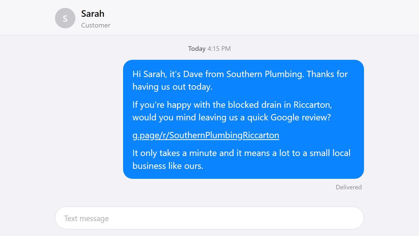 SMS review request sent to a customer after a tradie job, the fastest way to collect Google reviews.