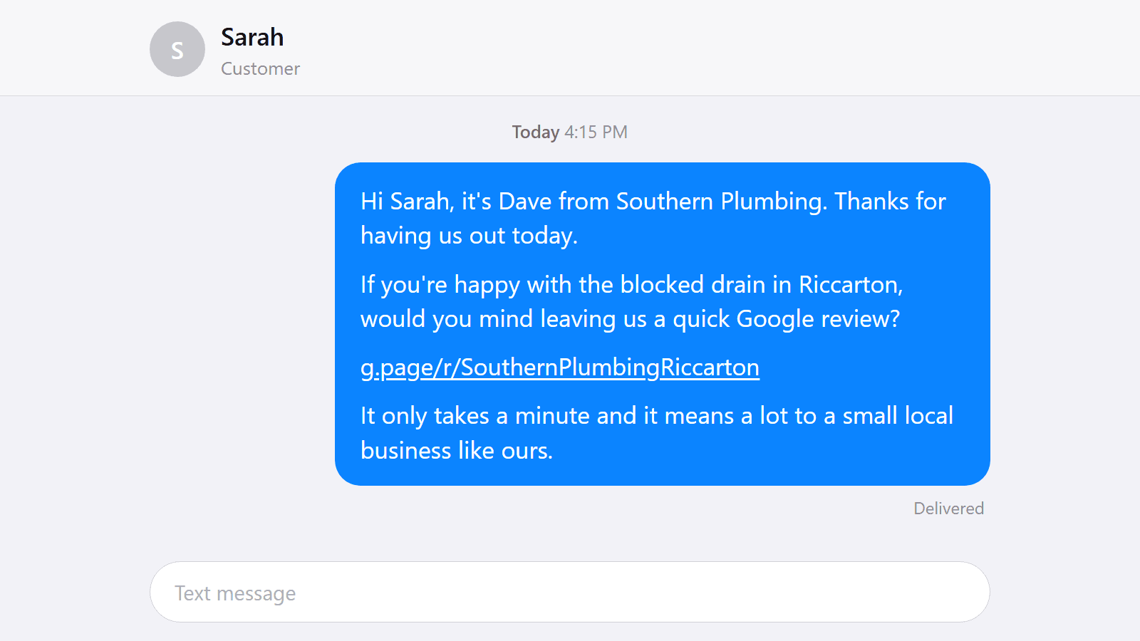 SMS review request sent to a customer after a tradie job, the fastest way to collect Google reviews.