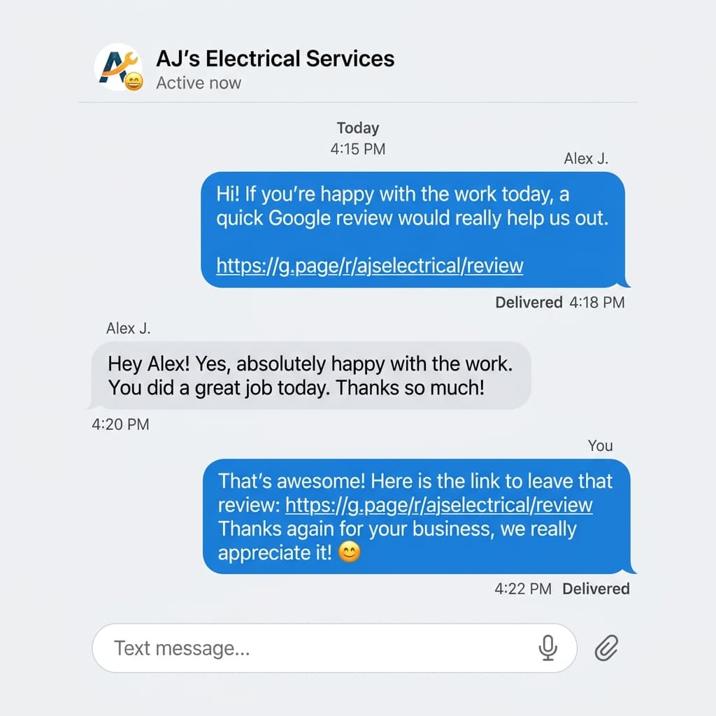 SMS review request sent to a customer after a tradie job, the fastest way to collect Google reviews.