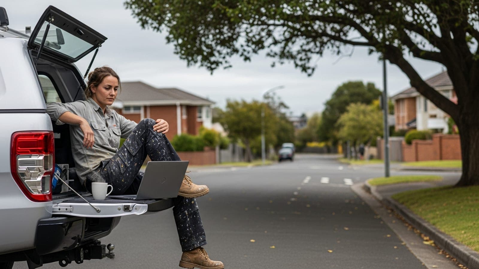 A New Zealand tradeswoman sitting on the open tailgate of her ute in a suburban street, thinking, with a closed laptop and a coffee beside her.