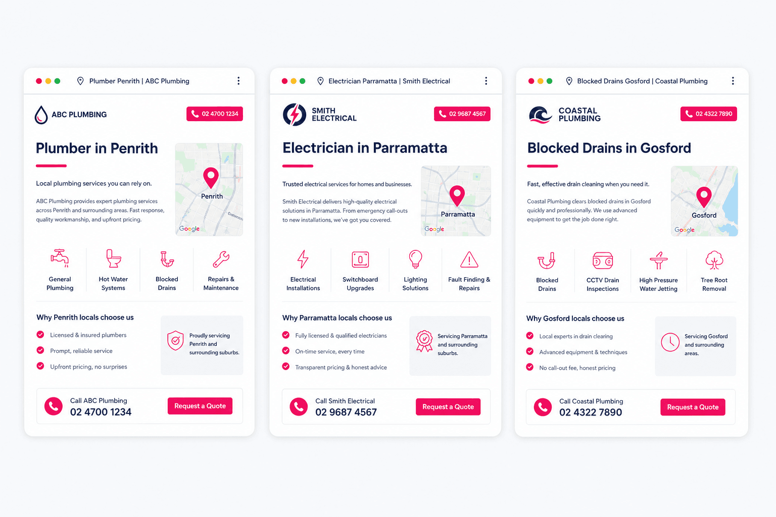 Three suburb landing page mockups for Hastings, Napier, and Havelock North, the page type tradies use to rank for local searches.