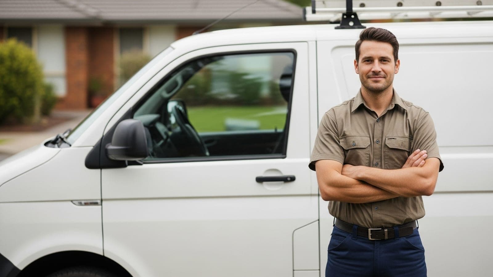 A confident New Zealand tradesperson standing in front of a clean unmarked work van in a suburban street.