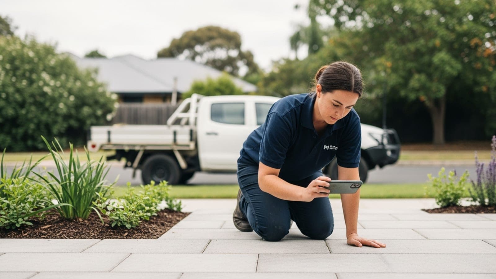 A female New Zealand landscaper on a finished backyard job photographing the completed work with her phone in soft daylight.