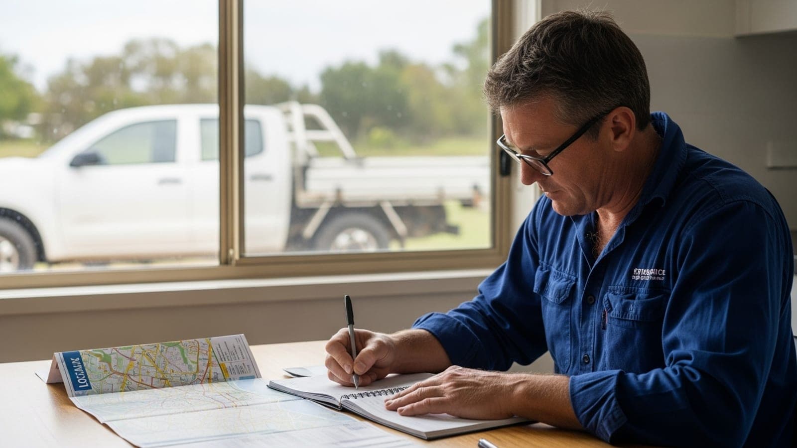 A New Zealand electrician at a kitchen table with a notebook listing service and suburb search phrases, ute parked outside.