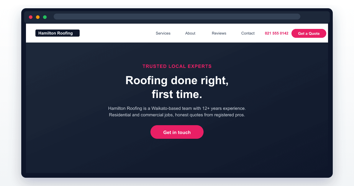 Browser window showing a Made 4 Tradies client website homepage with trade headline, navigation to services and contact, and call and quote buttons.
