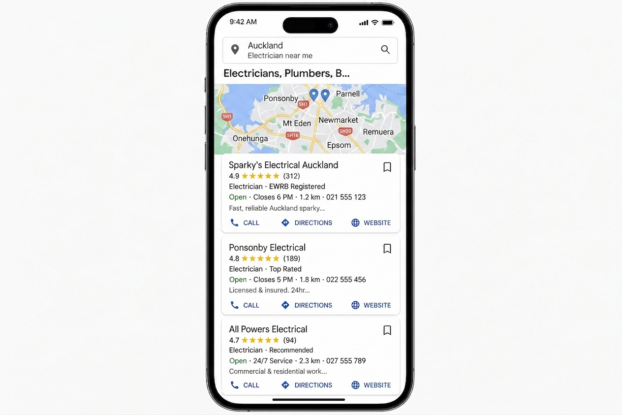 Google Maps 3-pack for "electrician near me" in Auckland, showing three tradie listings with star ratings, review counts, registration details and call buttons