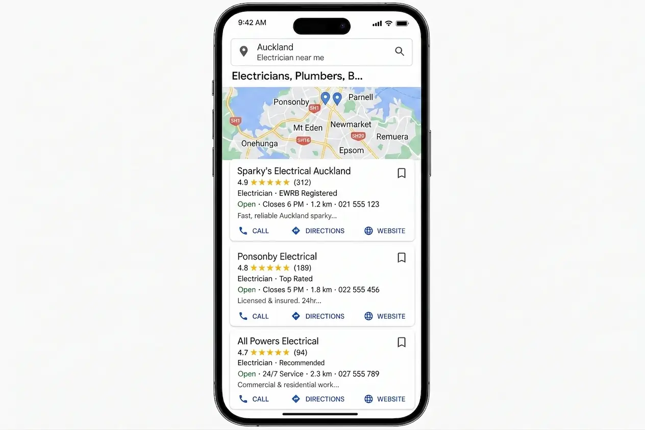 Google Maps 3-pack for "electrician near me" in Auckland, showing three tradie listings with star ratings, review counts, registration details and call buttons