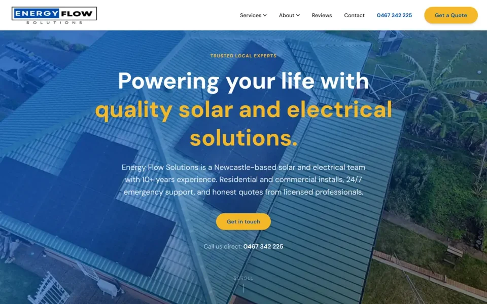 Electrician-style tradie website on desktop showing homepage with services and get a quote