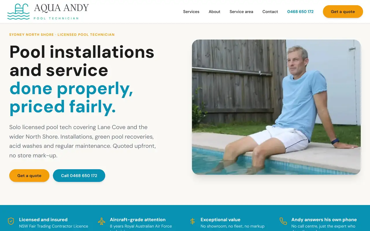 Example pool builder website on mobile, tablet, and desktop desktop